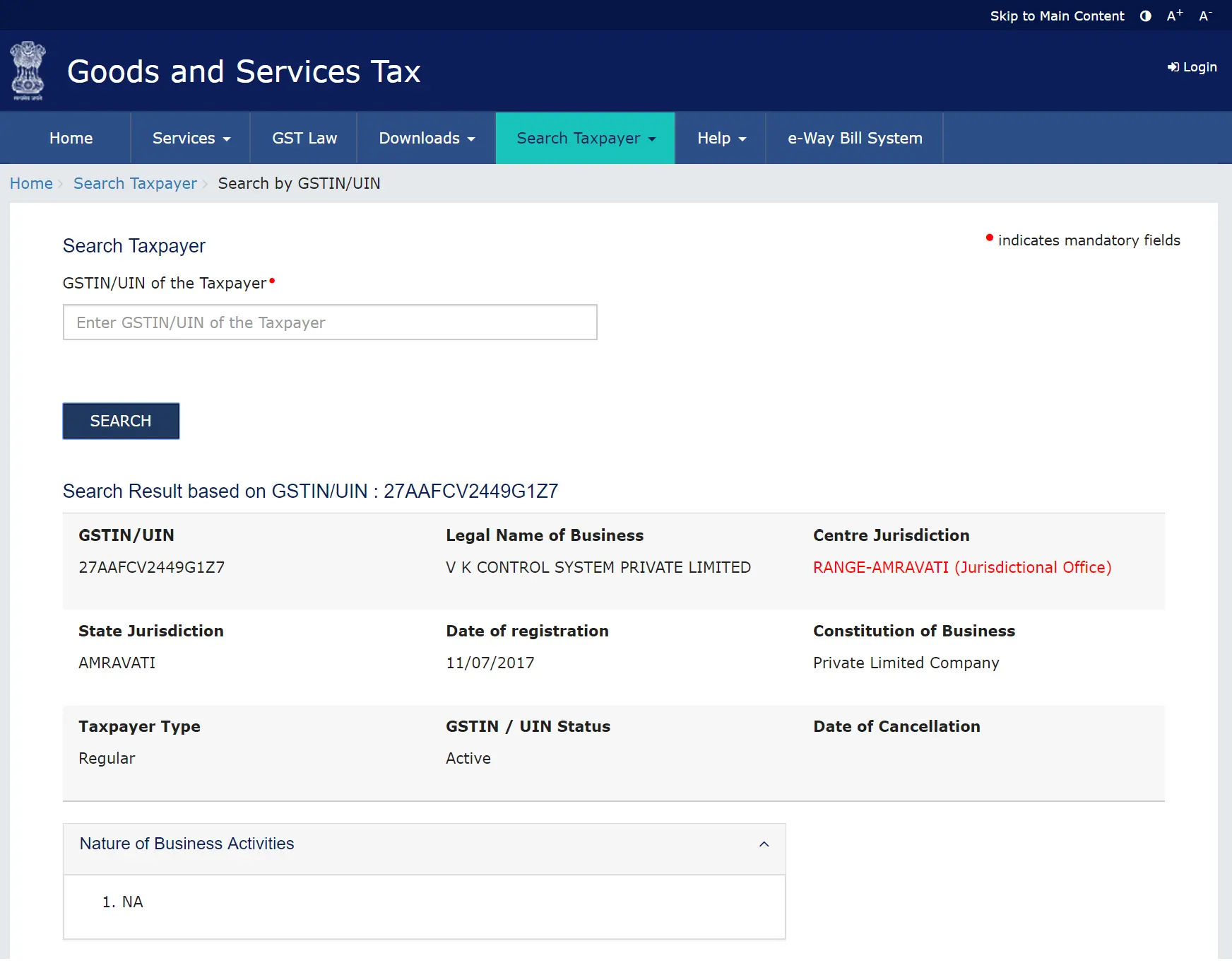 GSTIN registration details